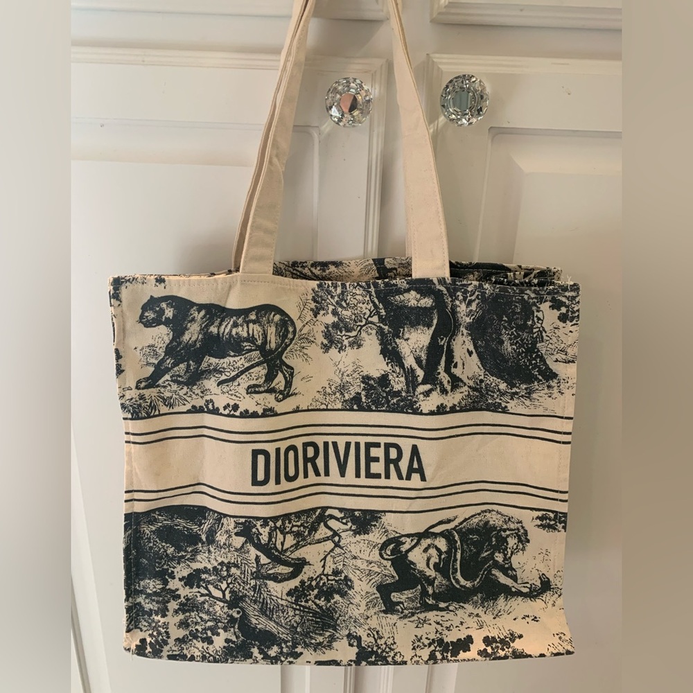 Christian Dior Dioriviera Navy on Cream Canvas Tote Bag - Picture 2 of 12